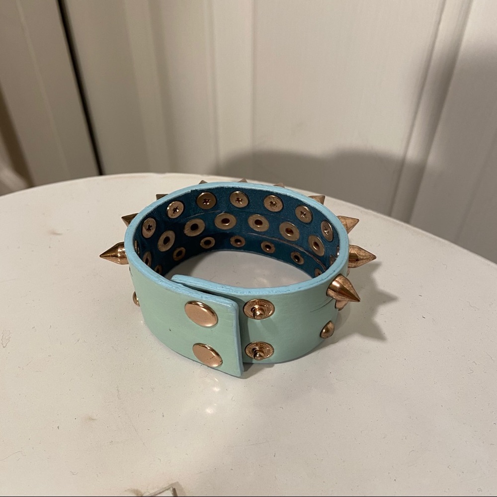 Punk Gold Spiked And Riveted Aqua Baby Blue Cuff - Picture 2 of 5